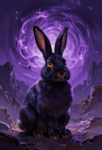 Mystical black rabbit in alien landscape under purple vortex