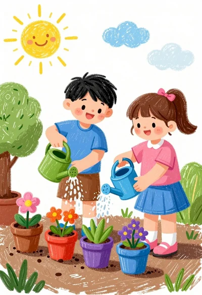 Two children watering potted plants in a sunny garden setting