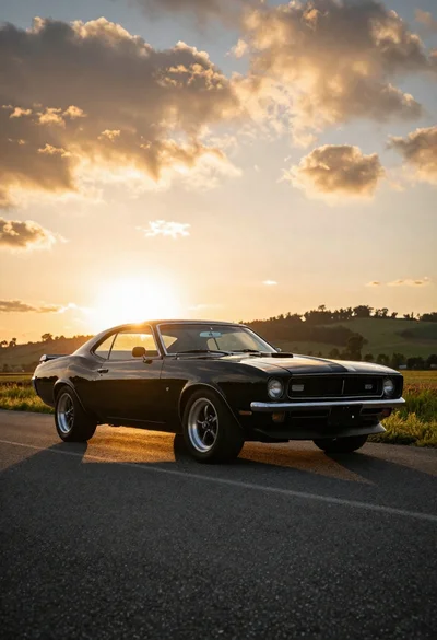Glossy black muscle car parked on asphalt at sunset