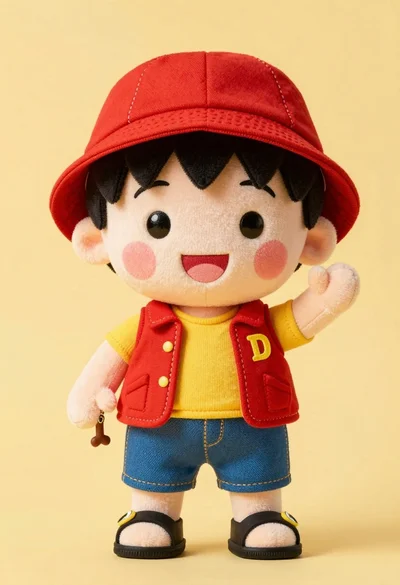 Cute plush toy boy in red hat yellow shirt standing against pale