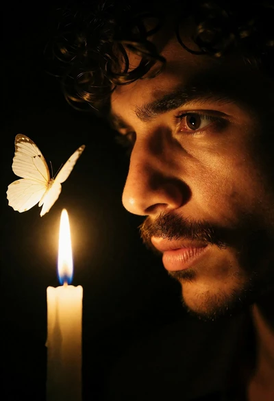 Extreme close up profile portrait of man observing butterfly near candle flame