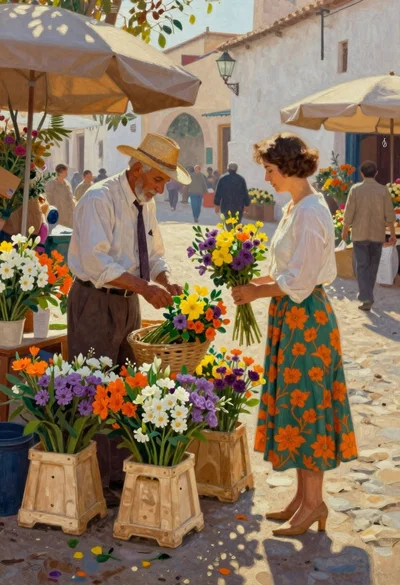 Oil painting of market vendors arranging colorful flowers