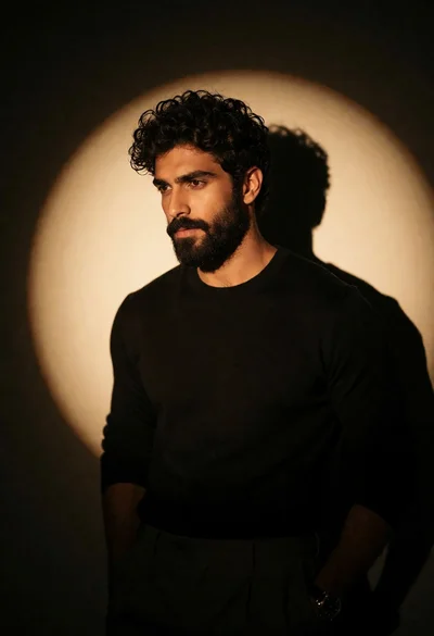 Man with dark curly beard lit by single warm spotlight against dark
