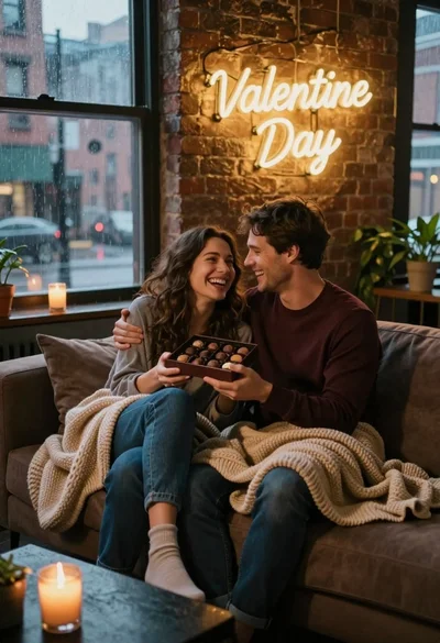 Romantic couple sharing chocolates on sofa in urban loft setting