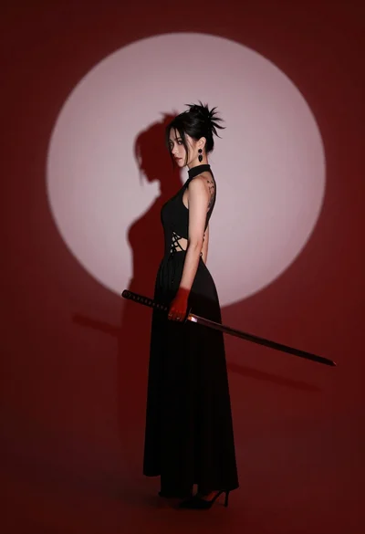 Woman in black dress holding katana against red background with pale circle