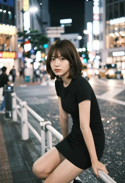 Young east asian woman on railing in busy japanese city street at