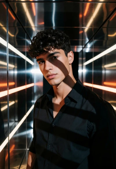 Young man in black shirt standing in futuristic corridor with reflective panels