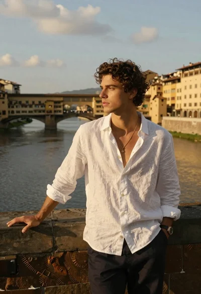 Young man in white linen shirt leaning on stone bridge railing at