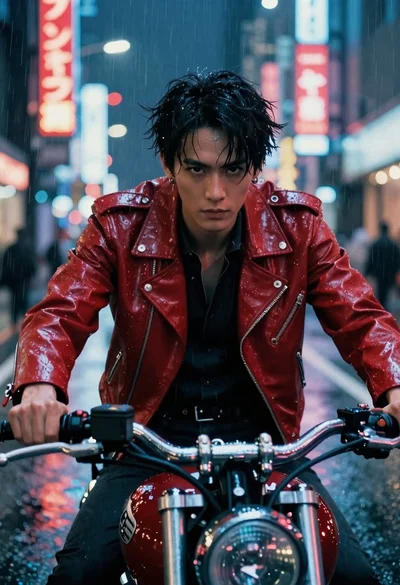 Man on motorcycle through rainy cyberpunk city street