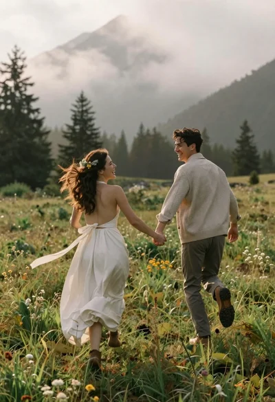 Joyful couple running through a grassy field toward misty mountains