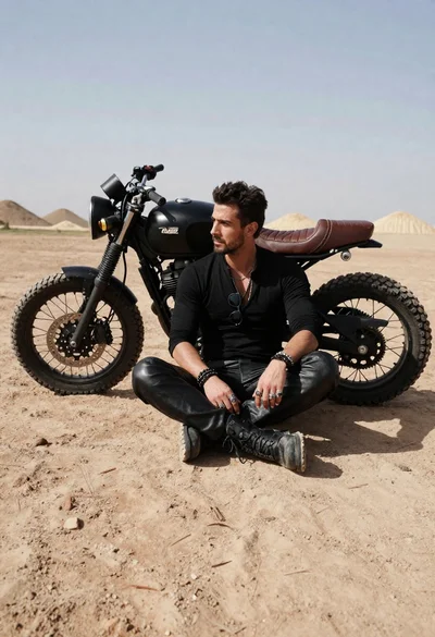 Rugged man sitting by black motorcycle in dusty lot