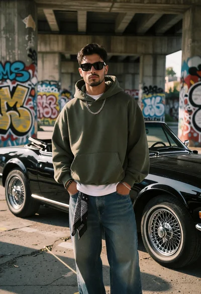 Young man by vintage black convertible under graffiti covered overpass