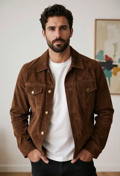 Handsome man in brown suede jacket against light wall with abstract art