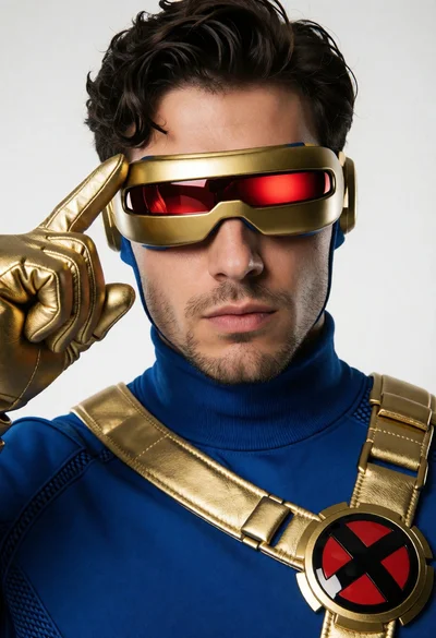 Close up portrait of superhero cyclops in blue and gold costume studio