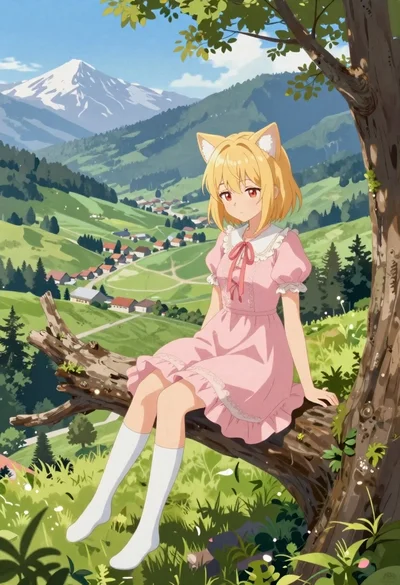 Anime girl on tree branch overlooking green mountain valley