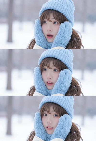 Young east asian woman in winter gear smiling in snowy park