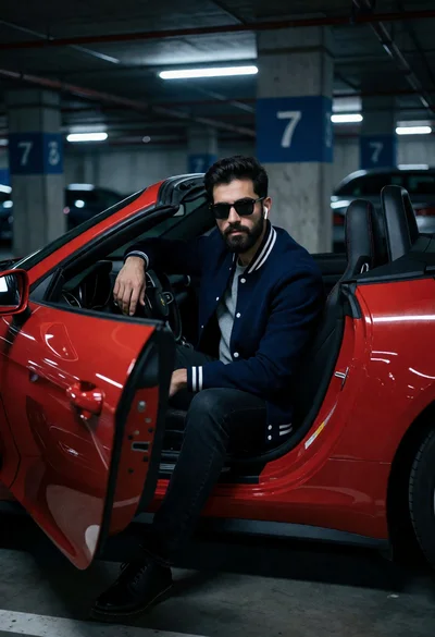 Bearded man in varsity jacket sitting in red convertible sports car garage