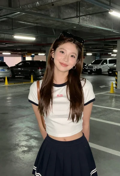 Young woman in white crop top standing in concrete parking garage