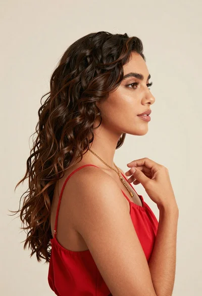 Profile portrait of woman in red top against cream studio background
