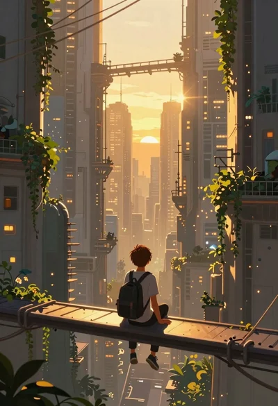Person on bridge overlooking futuristic metropolis at sunset