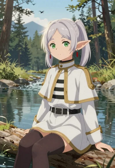 Elf girl by a stream in a serene forest setting