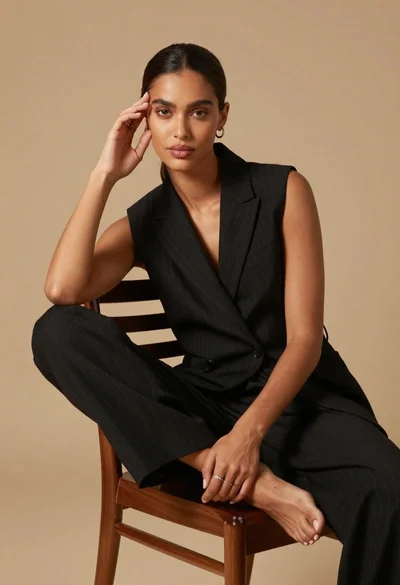 Poised dark skinned woman in black blazer sitting on wooden chair