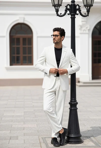 Stylish man in white pinstripe suit by vintage lamppost in urban plaza