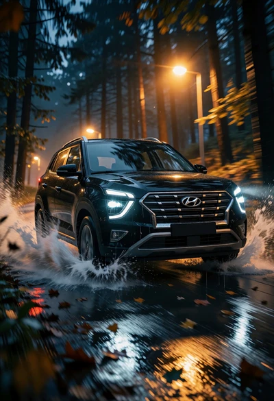 Black suv speeding through wet forest road at night with dramatic reflections
