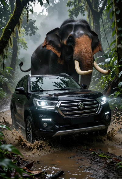 Black suv driving through muddy jungle trail chased by massive charging elephant