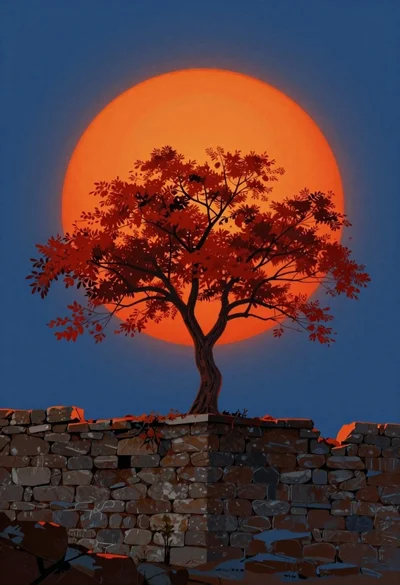 Tree with red leaves on stone wall under orange sun