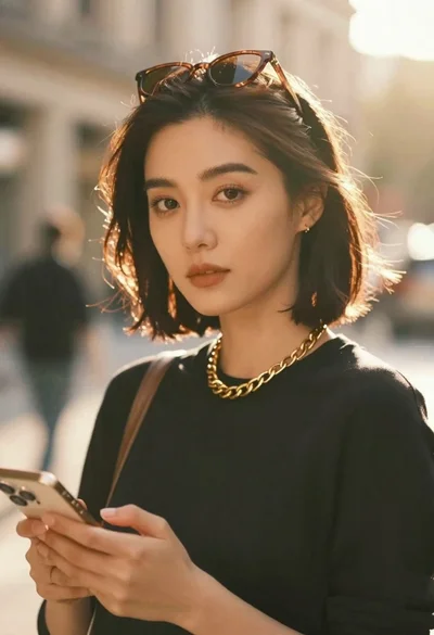 Confident woman with short dark hair holding smartphone in close up