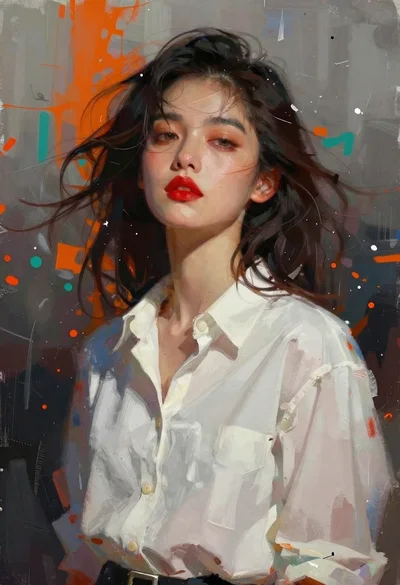 Portrait of woman with dark hair against abstract paint splashes