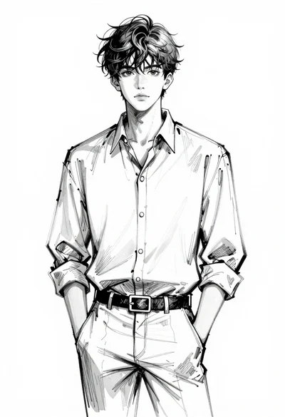 Monochromatic sketch of young man with tousled hair against white background