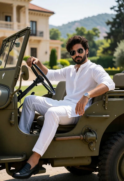 Man in white kurta sitting in vintage jeep before beige mansion