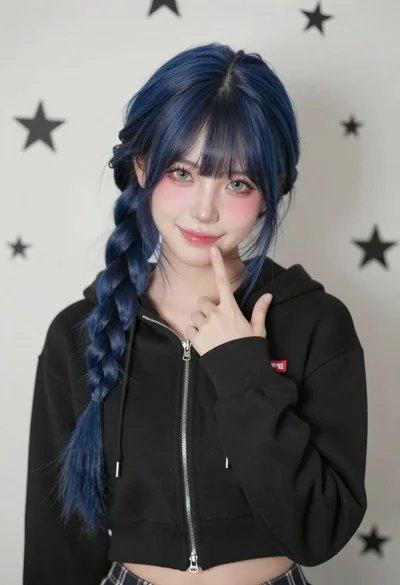 Portrait of young woman with blue hair in black hoodie against star