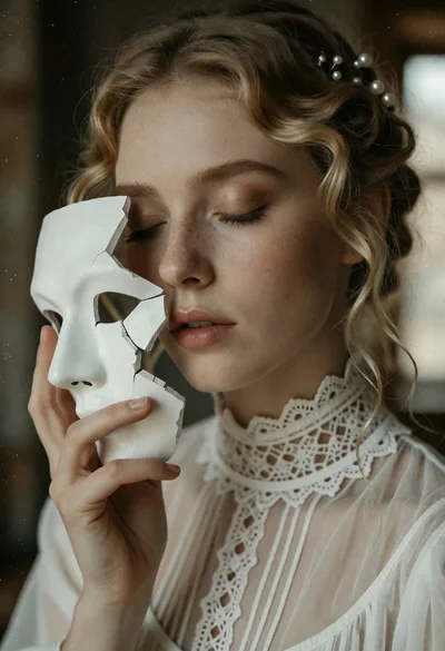 Closeup portrait of blonde woman holding cracked white mask indoors