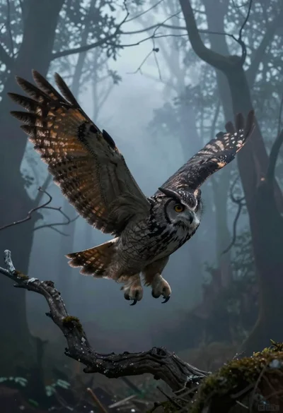 Majestic dark owl soaring through a misty forest