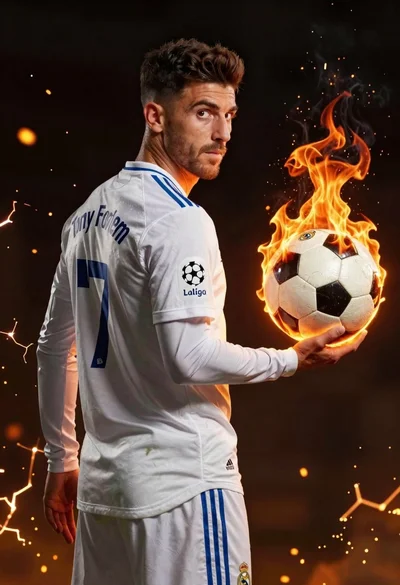 Digital illustration of a soccer player with flaming ball