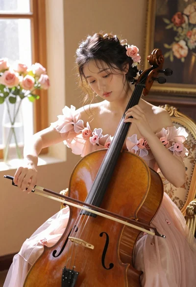 Young woman playing cello in sunlit room with pink flowers