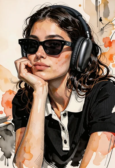Close up portrait of woman with dark hair wearing headphones in beige