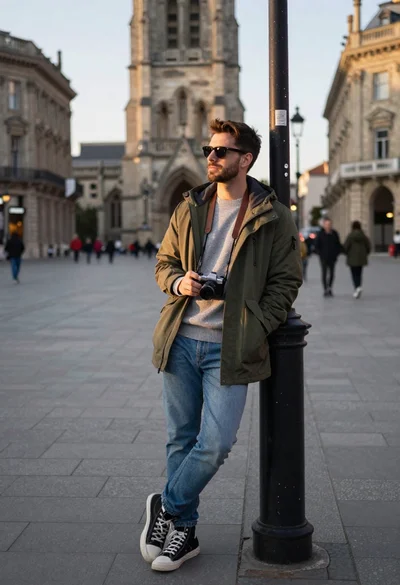 Stylish man leaning against lamppost in historic city square