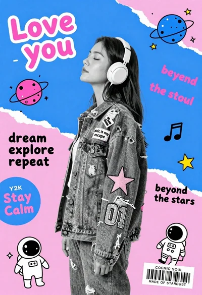 Young woman in profile wearing headphones and denim jacket against geometric background