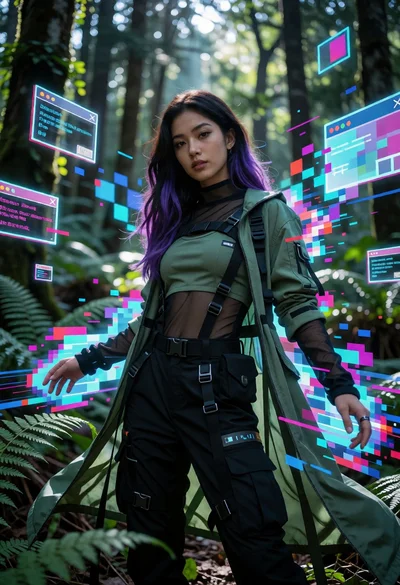 Woman in futuristic tactical outfit amidst glitching neon forest environment