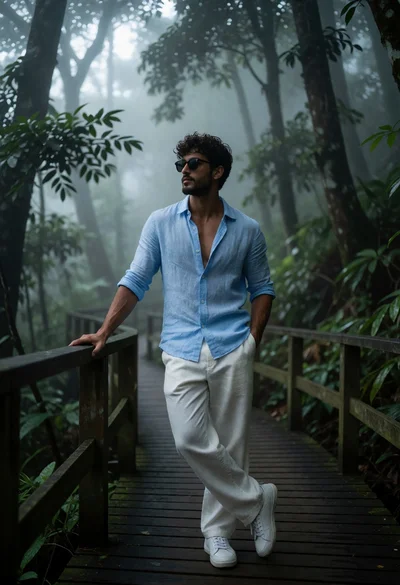 Man on wooden boardwalk in misty forest with soft diffused lighting