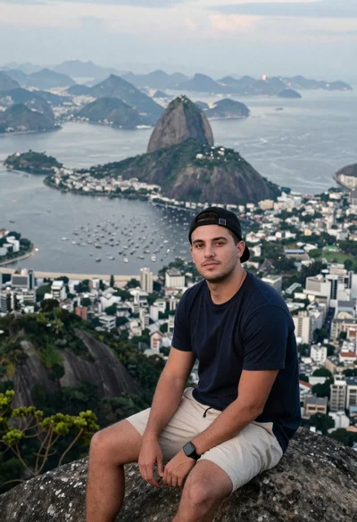 Man sitting on mountain peak overlooking rio de janeiro
