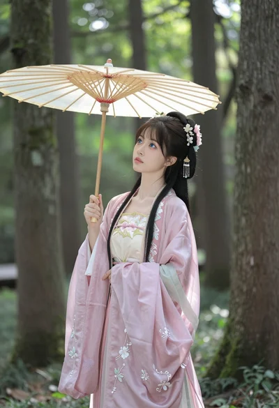 Young woman in hanfu holding parasol within sun dappled mossy forest
