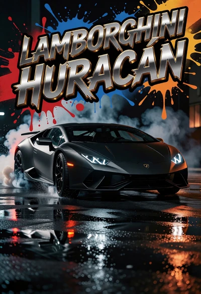 Matte black supercar drifting on wet asphalt with smoke and graffiti art