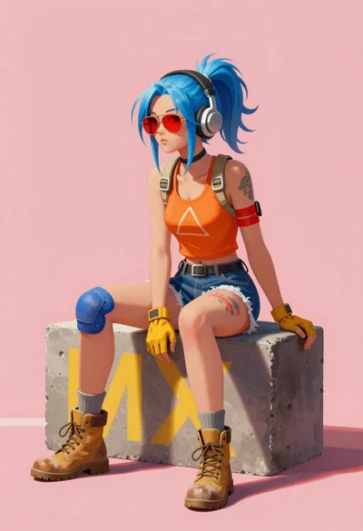 Young woman with blue hair sitting on concrete block