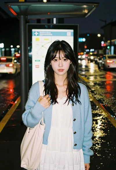 Young woman in blue cardigan at rainy city bus stop at night