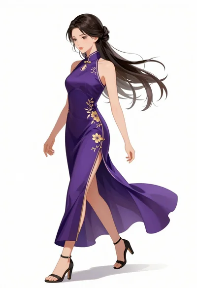 Graceful woman in purple gown walking against a plain white background